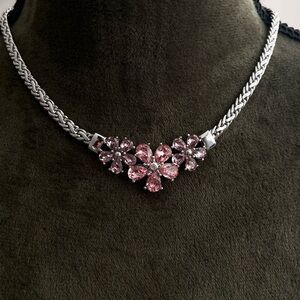 Vintage Christian Dior Daisy Flower Pink Purple Rhinestone Silver Chain Necklace